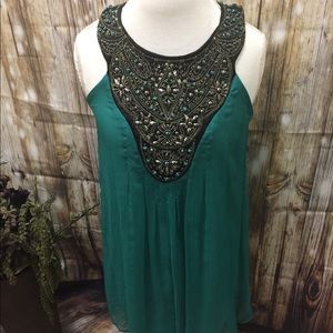 Beaded teal green chiffon mini dress